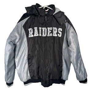 NFL Raiders Puffy Jacket Hooded, Fleece Men’s Large Zip Up, Black/Gray